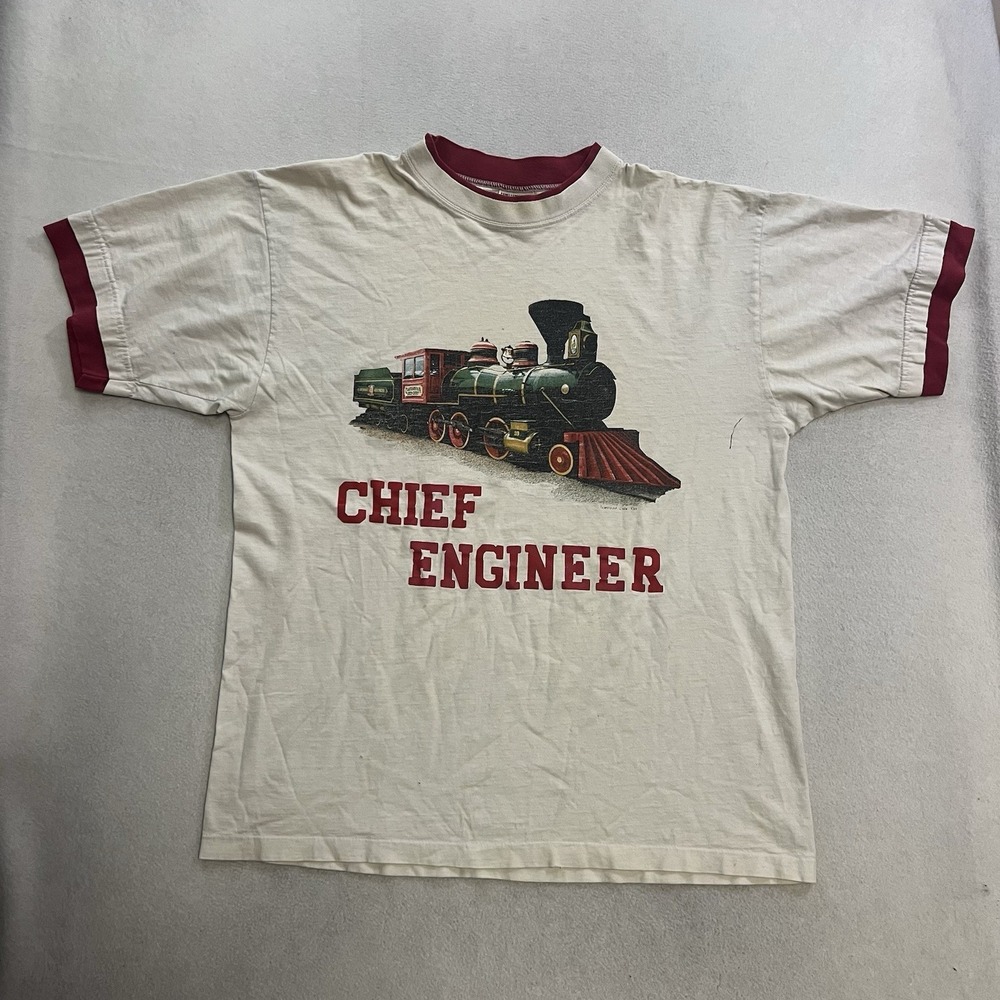 VTG 80s 90s Chief Engineer Train T-Shirt Men's Size XL White Red Ringer Graphic